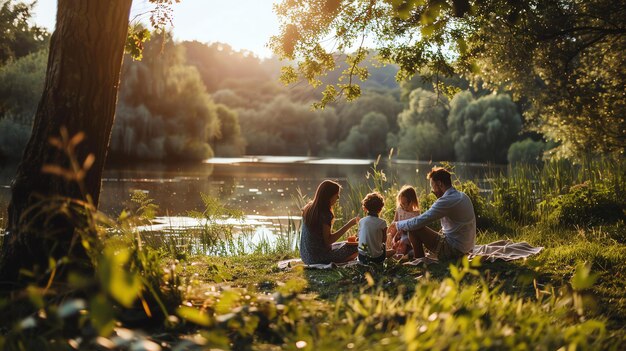 Четырехчленная семья на пикнике у озера Они сидят на одеяле и едят Солнце садится и небо превращается в красивый оранжевый