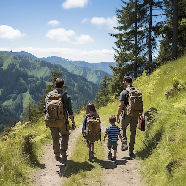 Foto famiglia di quattro persone in escursione in montagna