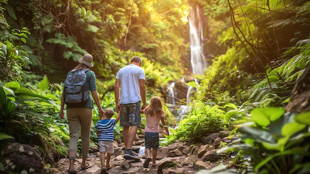 Family of four holding hands and walking away from the camera on a stone path in a lush green jungle with a waterfall in the background