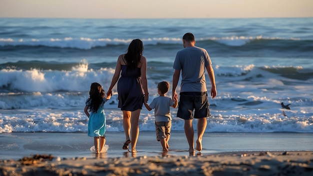 Family of four holding hands and walking in the surf at the beach at sunset