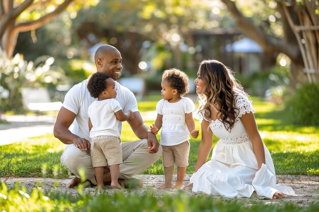 A family of four including a man and three children