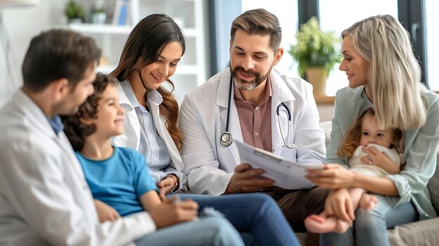 Photo a family of four is sitting in a doctors office the doctor is smiling and talking to the parents while the child looks at the camera