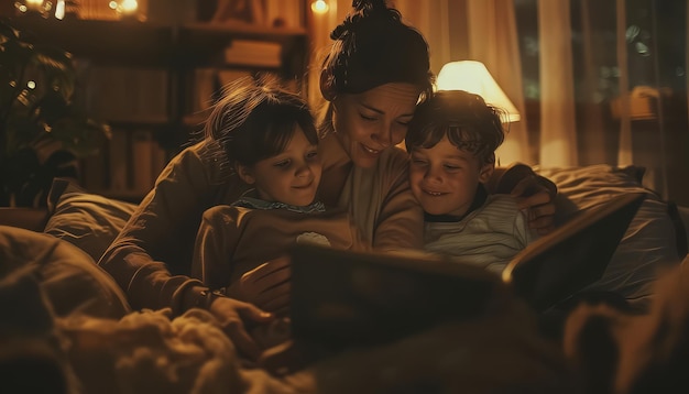 A family of four is sitting together and reading a book