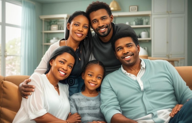 a family of four sit on a couch and smile at the camera.