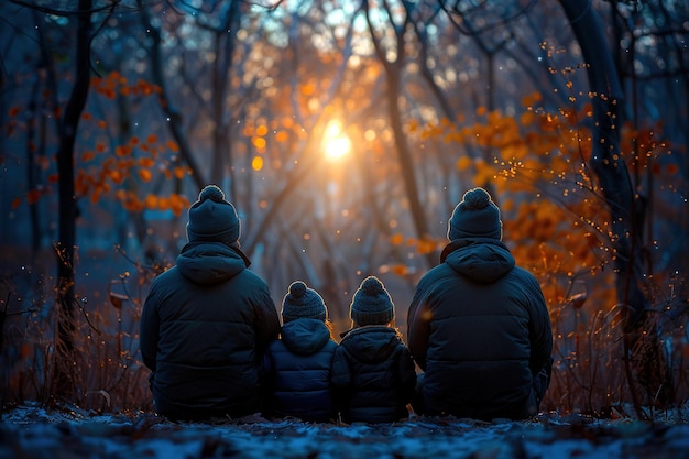 Четырехчленная семья сидит в лесу, а солнце светит через деревья.