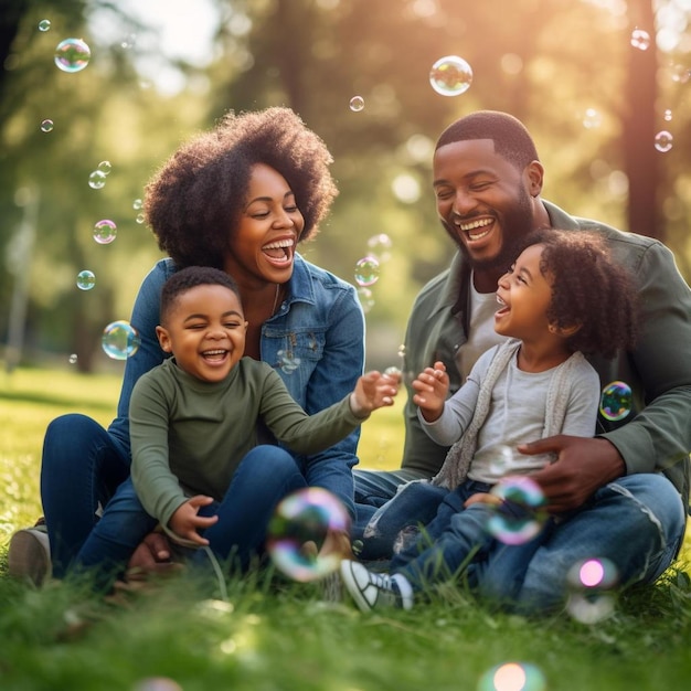 a family of four sitting on the grass blowing bubbles