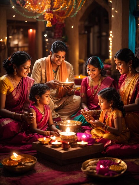 Foto una famiglia di quattro persone ha i volti illuminati dalla gioia mentre condividono dolci e risate durante il diwali