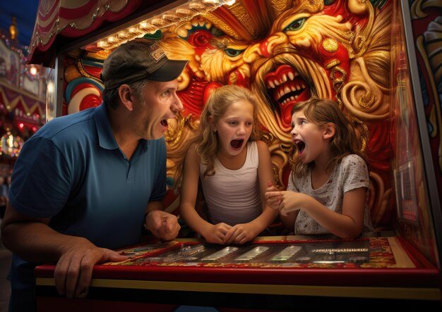 A family of four trying their luck at a carnival game booth