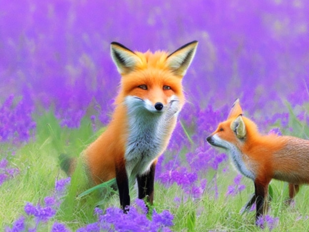 A family of foxes playing in a meadow of wildflowers