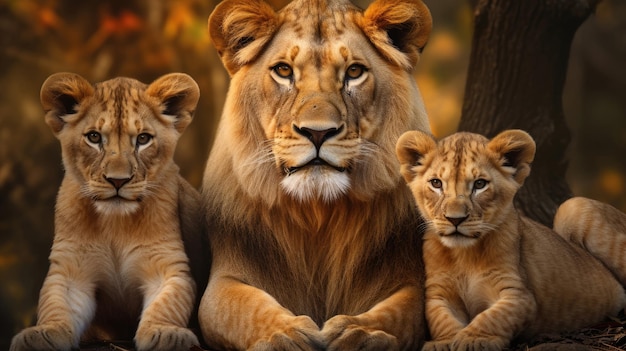 Family of friendly lions closeup