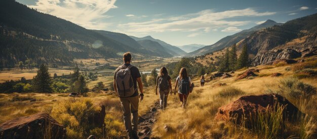 Foto famiglia e amici che camminano insieme in montagna