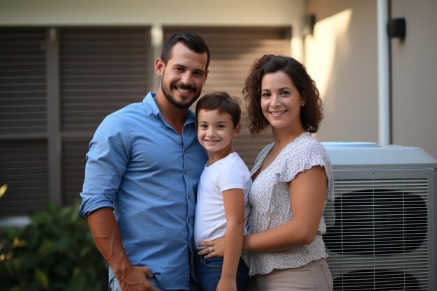 a family in front of HVAC system Green conscientious