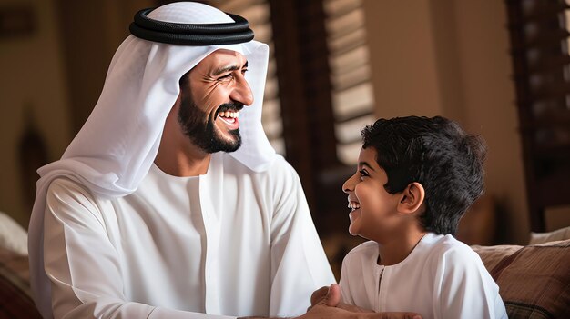 Photo family fun at home an arabian father and son share laughter while engaging in various activities illustrating the joy of quality family time