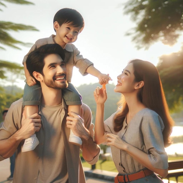 Photo family fun time child on shoulders touching mothers hand outdoors