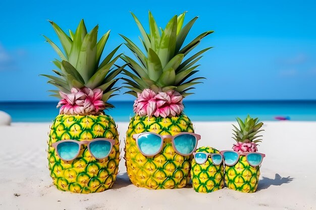 Family of funny attractive pineapples in stylish sunglasses on the sand against turquoise sea Tropical summer vacation concept Neural network AI generated