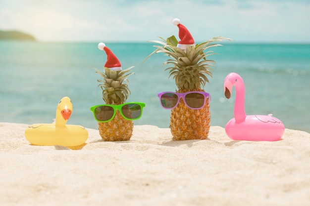 Family of funny attractive pineapples in stylish sunglasses on the sand against turquoise sea. Wearing christmas hats. Christmas and new year vacation concept on tropical beach. Family holiday. Bright