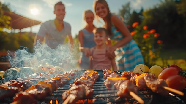 Photo family in garden doing barbecue grill with skewers and barbecue meat and smoke
