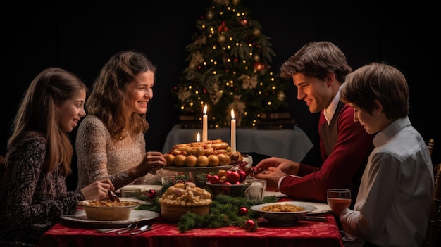 A family gathered around a beautifully set Christmas dinner table