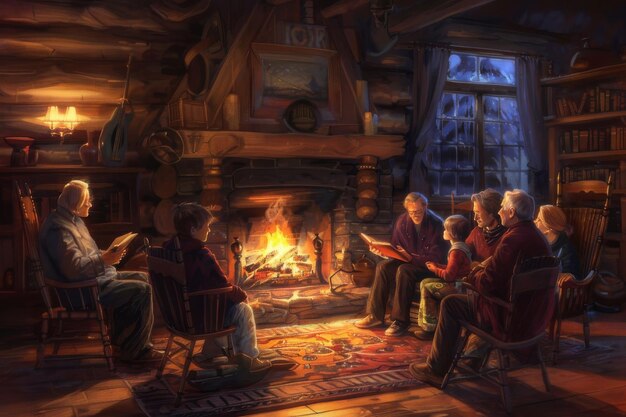 A family gathered around a cozy fireplace