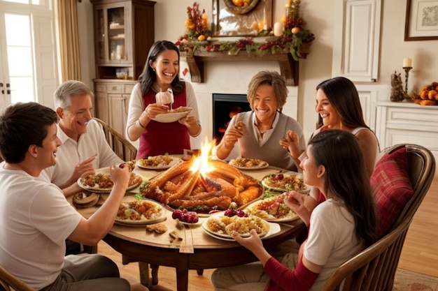 A family gathered around a crackling fireplacesharing stories and laughter