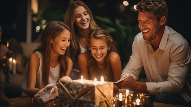 Family gathered around a fireplace opening presents