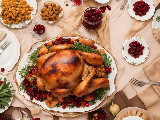 A family gathered around a Thanksgiving dinner table laden with turkey stuffing and cranberry sauce