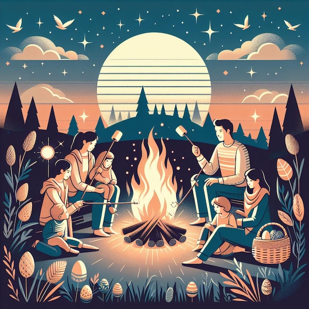 Photo a family gathering around a bonfire on easter night