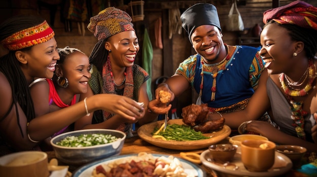 a family gathering around a table with a meal in the middle of the table.