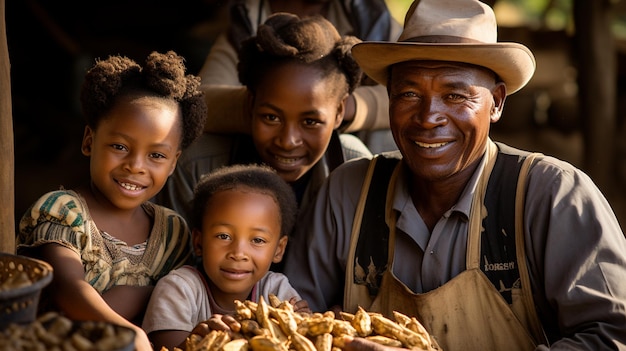 Family Gathering Cassava Roots On A Brazilian Farm