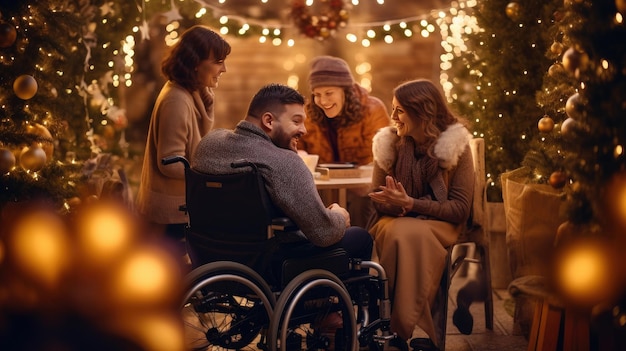 Family gathering for christmas dinner with family member in a wheelchair