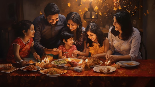 A family gathering for a Diwali feast happy Diwali | Premium AI-generated image