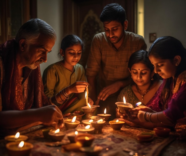 A family gathering together to light candles