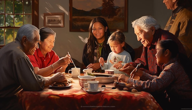 A family gathering where elders share stories of their experiences and historical family anecdotes