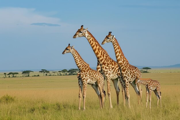 Family Of Giraffes Grazing On The Savannah