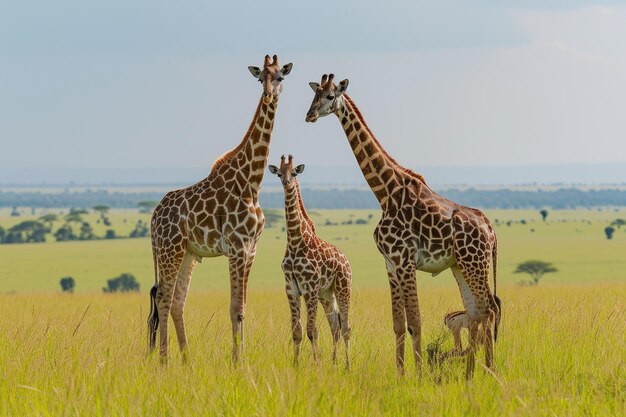 Family Of Giraffes Grazing On The Savannah