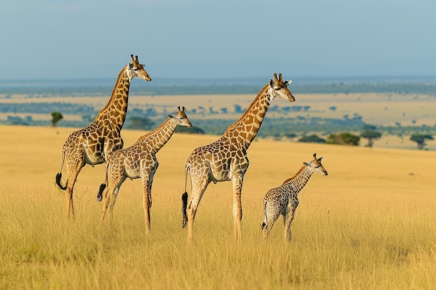 Family Of Giraffes Grazing On The Savannah