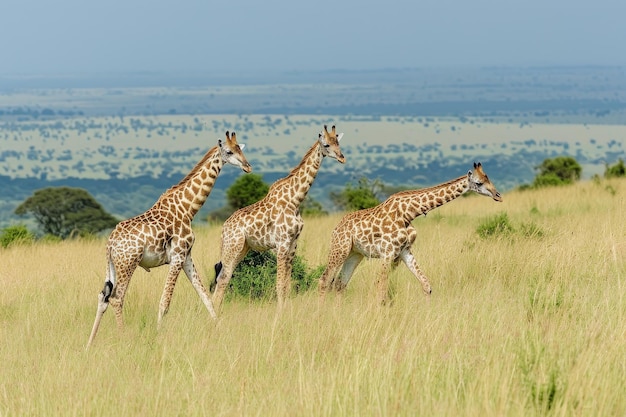 Family Of Giraffes Grazing On The Savannah