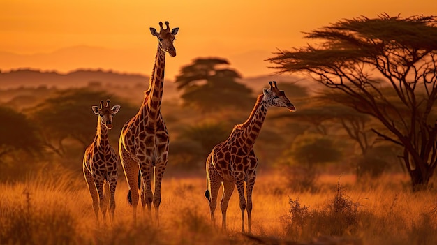 A family of giraffes in the heart of the African savannah