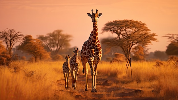 A family of giraffes in the heart of the African savannah