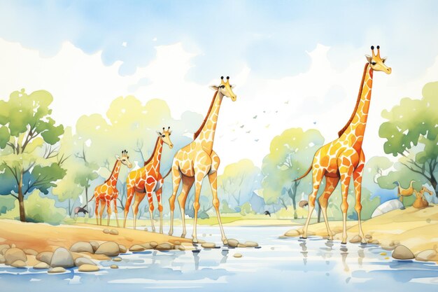 Foto famiglia di giraffe che camminano verso un fiume per bere acqua