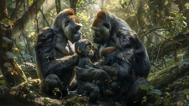 Foto una famiglia di gorilla con il loro cucciolo nella foresta