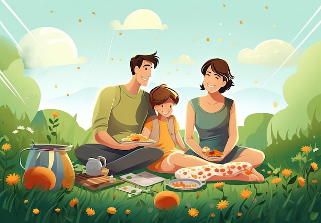 ピクニックをしている家族が草の上で食べ物を保持しています