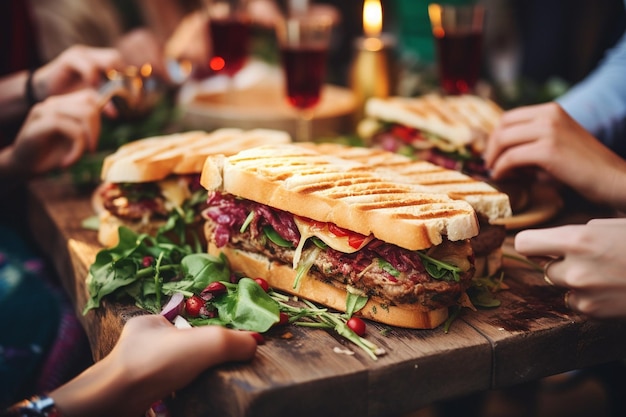 Photo a family or group of friends sharing panini sandwiches at a gathering