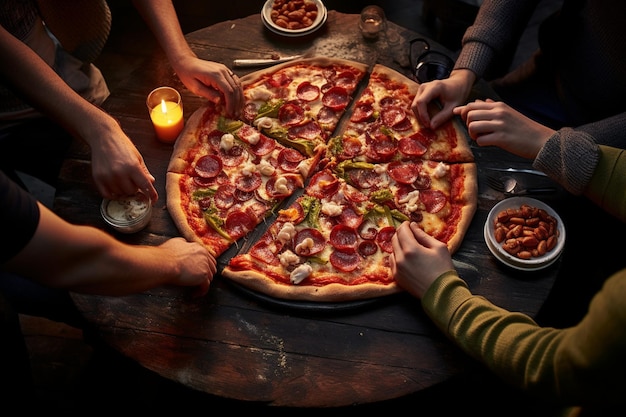 A family or group of friends sharing a pizza meal together