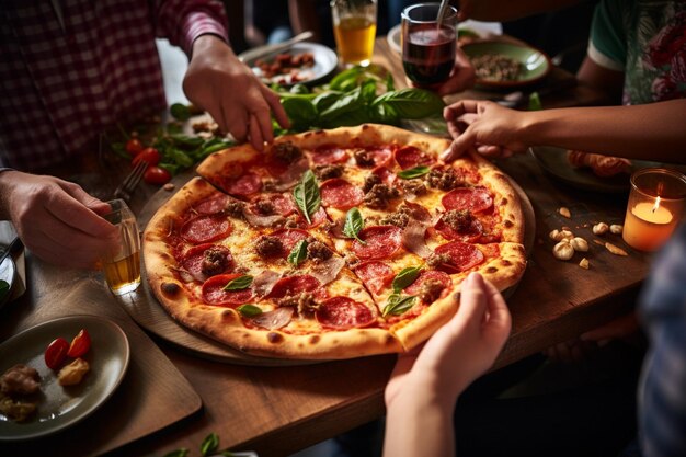 A family or group of friends sharing a pizza meal together