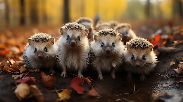 写真 秋の森でポーズをとっているハゲの家族集団 10月の野生動物集団の葉の落下