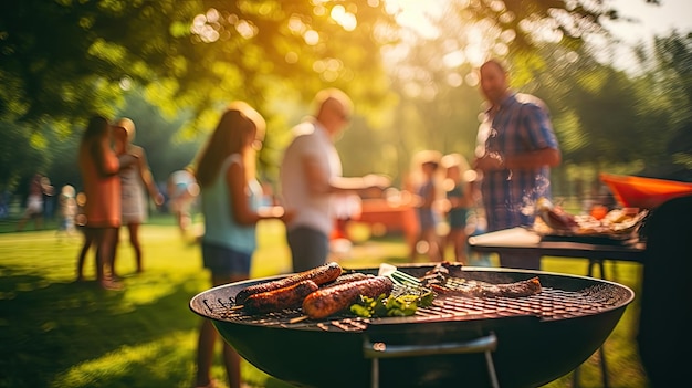 야외에서 가족 그룹 파티 공공 정원에서 음식을 그릴 수있는 텍스트 공간에 초점을 맞추십시오.