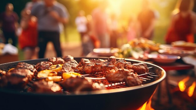 Family group partying outdoors Focus on grilling food in public gardens space for text