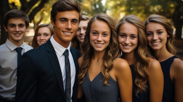 Family group teenagers brothers and sisters smiling at camera in the park Large family concept