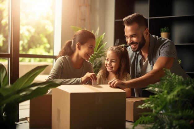 A family happily unpacking boxes in their new Generative ai